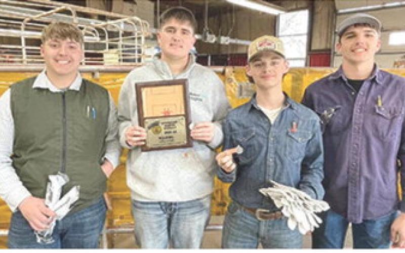 Members of the Columbus High School FFA attended the Southeast District FFA Welding Contest at Labette County High School. Columbus FFA members on the first place B Team included sophomores Alex Welch (top 20), Kaden Crafton (third) and Dawson Beaty (fifth). Junior Trenton Lacen (top 15) was the only Columbus student on the A Team. Students performed various welding tasks, performed torch cuts, answered test questions and problem solving. Over 150 students attended the event. Courtesy photo.