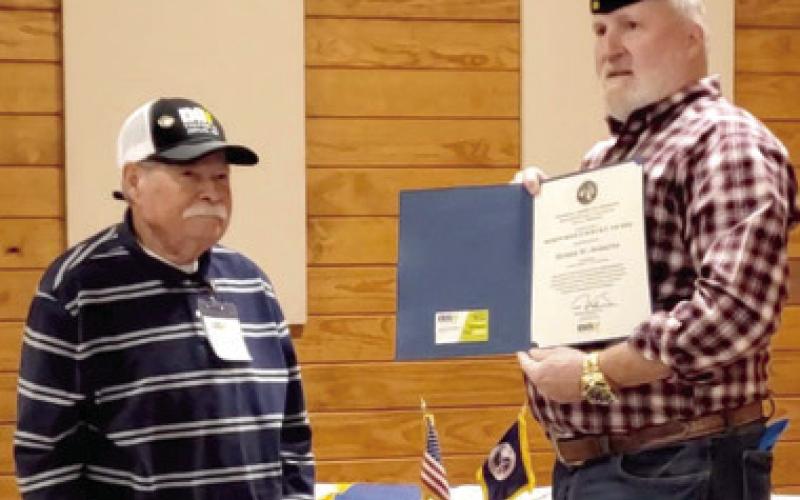 The Disabled American Veteran (DAV) Chapter 52 Commander’s Meritorious Service Medal was presented to Homer Wayne Dobkins, of Columbus. He received the Award Certificate, and 55-year pin recognition of his dedication of fifty-five years of membership. On November 18, Commander R. Selsor presented Dobkins with the recognitions at the Chapter’s holiday meal. Courtesy photo.