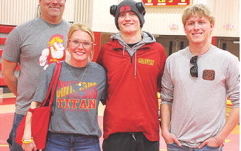 Titan Senior, Cal Saporito, was recognized during a, 55-16, dual win over Chanute, Tuesday night at CUHS Gymnasium. Cal won his match by forfeit. His parents Clint and Angie Saportio and brother Cade were on hand for the dual.