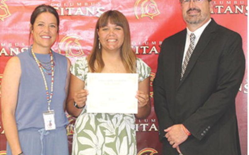 Mackenzie Richards was the recipient of the Columbus Cares Scholarship in the amount of $500 during the Senior Assembly, May 15, at the Columbus Unified High School Gymnasium. CACF Board Member, Kelly Walters and USD 493 Superintendent Dan Grundy presented the awards.