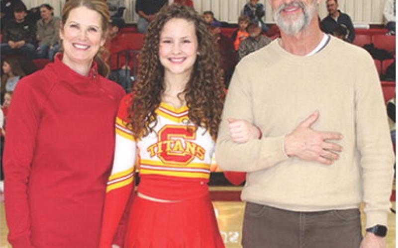 Lady Titan Senior, Ruby Stover, was recognized during Senior Night Ceremonies, February 21, at the Columbus Unified High School Gymnasium. Ruby is a one-year member of the Titan Basketball Cheer Squad, the Titan Dance Team, and Lady Titan Basketball Team. She was escorted by her parents, Holly and Craig Stover.