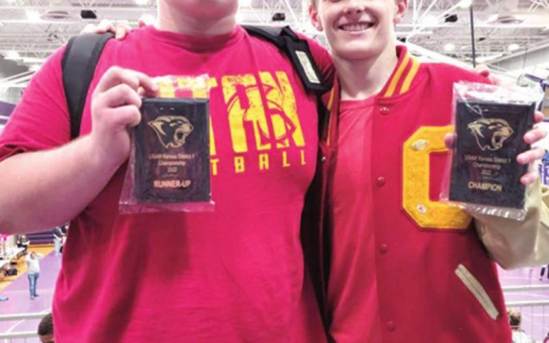 Titan Wrestlers, Jake Eddington and Korbyn Newberry earned a trip to the USAWKS 2022 State Championship by placing in the District 1 Tournament, Saturday in Louisburg. Jake placed second in the 285 weight class and Korbyn is the District 1 Champion in the 106 weight class. The state tournament is Saturday in Topeka. Courtesy Photo.