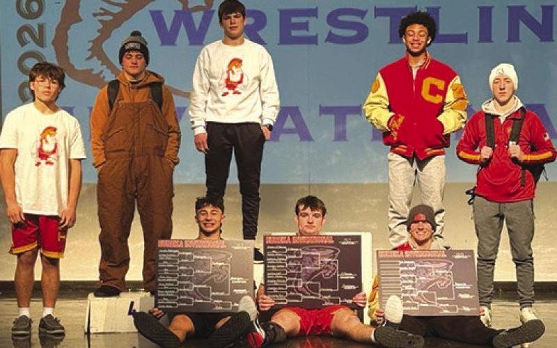 The Titan Wrestling Team, smaller in numbers due to illness, took fifth place at the 32nd Annual Eureka tournament. Front row: Senior, Jayden Rodriguez, junior, Mason O’Banion, and senior, Cal Saporito paced the team and won their weight classes. Back row: Gabe Robison; Braun Stone, fifth; Shade Schuberger, second; Kai Langerot, fifth; and Denver Hughes, fifth. Courtesy photo.