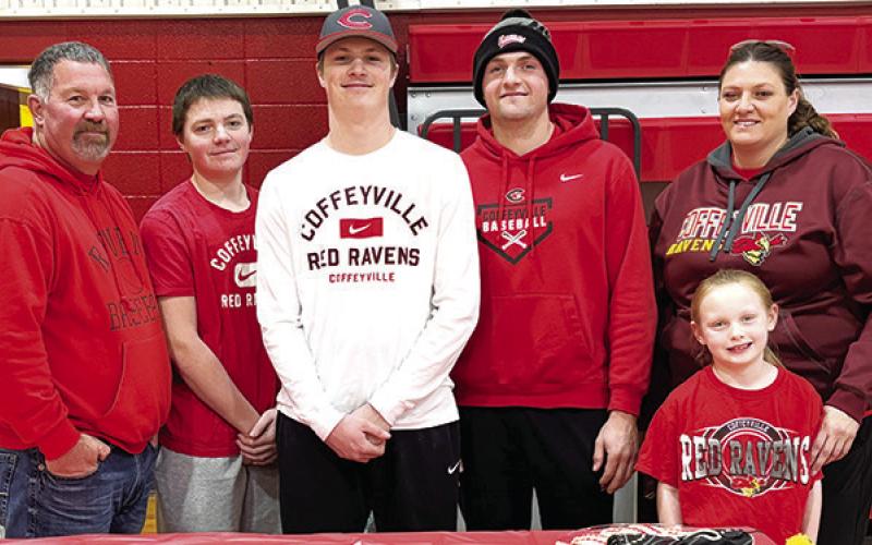 Titan Senior, Jace Midgett, has signed a National Letter of Intent to join his brother, Landin and continue his baseball career at the college level with the Coffeyville Red Ravens. Jace was joined by his dad, Joey Midgett, brothers, Ethan and Landin Midgett, mother, Kandi Midgett, and sister, Jasmine Wininger during a signing day held at the CUHS Gymnasium, Friday.