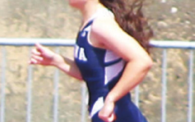 Galena Sophomore, Mia Sarwinski, set a new school record and placed seventh in the 400M Dash at the Kansas State High School Class 3A Track and Field in Wichita, Friday. Photo by Dee Riley.