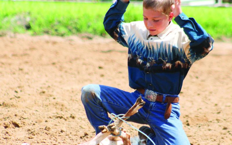 During the Cherokee County Horse Show Saturday, July 12, Samuel King was one of the competitors in the ages 10-13 Goat Tying class.