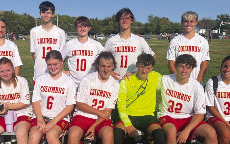 The Columbus Unified High School Soccer Team won their road game in Fort Scott, Monday, 3-2. Senior, Brylie Johnson, junior, Gabe Edwards, and senior, Kinden Riddle each scored a goal in the Titan win. Team members are front row: Hannah Johnson, Zoie Elmore, Gabe, Jaiden Gannaway, Owen Prauser, and Brylie. Back row: Alyssa Montierth, Brady Perry, Bryer Wagner, Kinden Riddle, and Korbyn Newberry. The Titans will be playing in Parsons, Tuesday at 4:30 p.m.