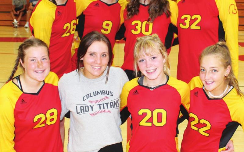 (Right) The 2021 sophomores on the Lady Titan Volleyball Team are front row: Taryn Billings, Kaitlyn Simpson, Grace Major, and Harley Long. Back row: Kaitlynn Lopp, Ava Harman, Madi Garcia, and Gaby Basauri.