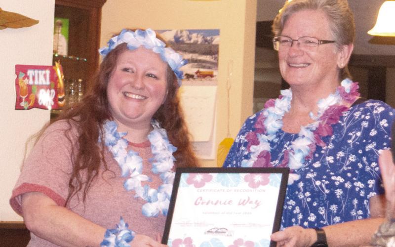 Being recognized for her efforts in the community to keep Baxter Springs beautiful, Connie Wray accepted the Chamber of Commerce award. Chamber President Jessica Moore her working throughout the city with her gardening tools in a trailer behind her lawnmower.