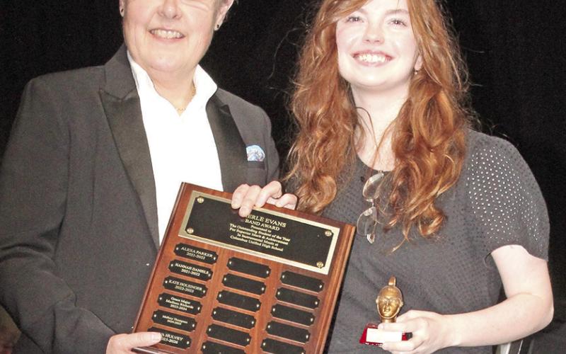 Instrumental music awards were presented at the end of year concert. Band director Gae Phillips presented Ava Hulvey with the Merle Evans Award. This is a memorial award that is presented to an outstanding senior. Merle Evans was a famous circus performer and conductor with the Ringling Brothers-Barnum Bailey Circus. He was born in Columbus.