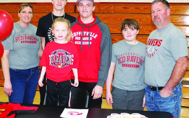 Titan Senior, Landin Midgett, signed a National Letter of Intent to continue his baseball career at Coffeyville Community College. Seven Columbus athletes signed letters during a ceremony at the CUHS Gymnasium, Monday, in recognition of National Signing Day, the first Wednesday of February. Landin’s signing was witnessed by his siblings, Jace and Ethan Midgett and Jasmine Wininger and parents Kandi Midgett and Joey Midgett.