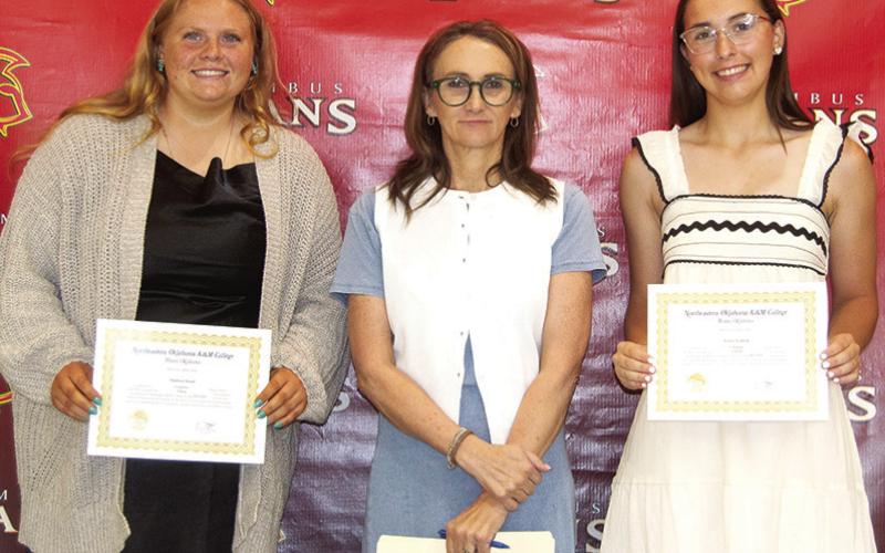 Madisen Rand received a Viking Tuition Scholarship via Counselor Day for $600 and Torey Tedlock received a NEO Softball Scholarship in the amount of $15,800 from Northeastern Oklahoma A&amp;amp;M College during the Columbus Unified High School Senior Assembly, May 16, at the high school gymnasium. NEO Representative, Jana Myers, presented the scholarships.