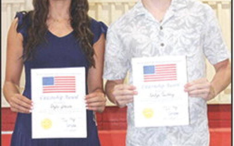 Seniors, Brylie Johnson and Korbyn Newberry received the Kansas State High School Activities Association’s Citizenship Award during the Columbus Unified High School Senior Assembly at the CUHS Gymnasium, May 18. The award is presented for excellence as an exemplary young citizen who has demonstrated a marked respect for country, assumed responsibility for improving school and community, and has shown reverence for life. Kerry Sachetta, Columbus Alumni, presented the awards.