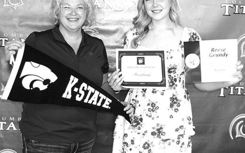 Columbus Unified High School Senior, Reese Grundy, was offered a $6,000 Limestone Award from Kansas State University by Rhonda Herrenbruck, KSU Representative, during the Senior Awards Ceremony held May 17 in the CUHS Gymnasium.