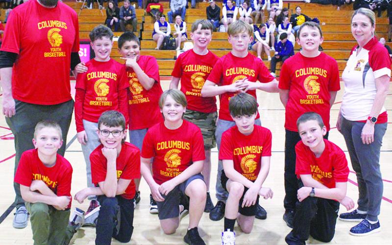 The Fifth Grade Columbus Recreation Boys Team was introduced at halftime of the CUHS Boys Varsity game with Coffeyville in February at the high school gym. Team members are front row: Jace Mooney, Kasen Sallee, Rolland Lloyd, Ray Forkner, and Trevor Lacen. Back row: Coach Adam Sallee, Jake Wary, Chance Briggs, Uriah Matlock, Jackson Casada,Tanner Thompson, and Coach Ryan Lacen.