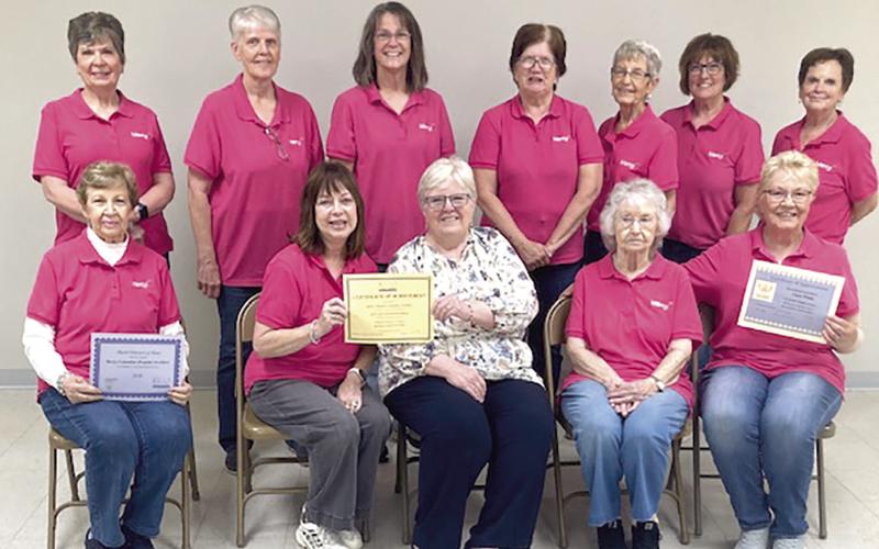 Columbus Mercy Auxiliary was presented with The Hospital Volunteers of Kansas Certificate as a Member in Good Standing Award, (held by Lucille McNemar front row far left) by Debbie Bayless (front row center), District 2 Coordinator. Clara White (front row far right) received a certificate of appreciation for 10 years of service. President Brenda Barrett is holding the Gold Award of Excellence. Courtesy photo.