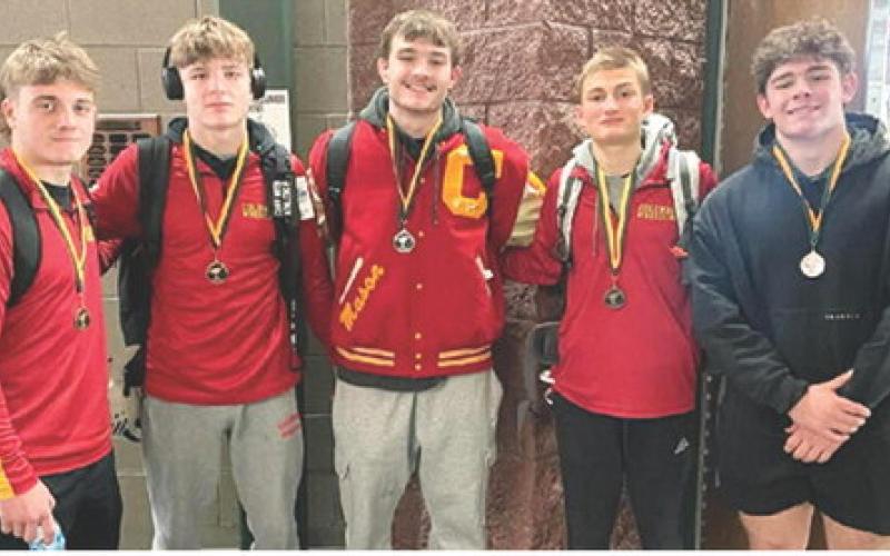 Five Titan Wrestlers placed in the top ten at the Basehor-Linwood Bobcat Classic, Saturday. Braun Stone, Chase Pelt, Mason O’Banion, Carlson Britt, and Kash Smith led the Columbus Team to a tenth place finish in a field of 43 schools from Kansas and Missouri. Courtesy photo.
