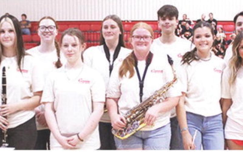 Titan Band Juniors back row: Canaan Rider, Isaac Johnson, Kiera Gharmalkar, Addi Hutto, Brady Perry, and Garrett Walker. Front row: Katherine Hutto, Gemma Hidalgo, Elle Thompson, Ally Atkin, Maddie Coons, Madison Duling, Morgan Duling, Jasek Wilson, and Ryker Youngblood. Not pictured: Jonas Stover, Brooks Scott.