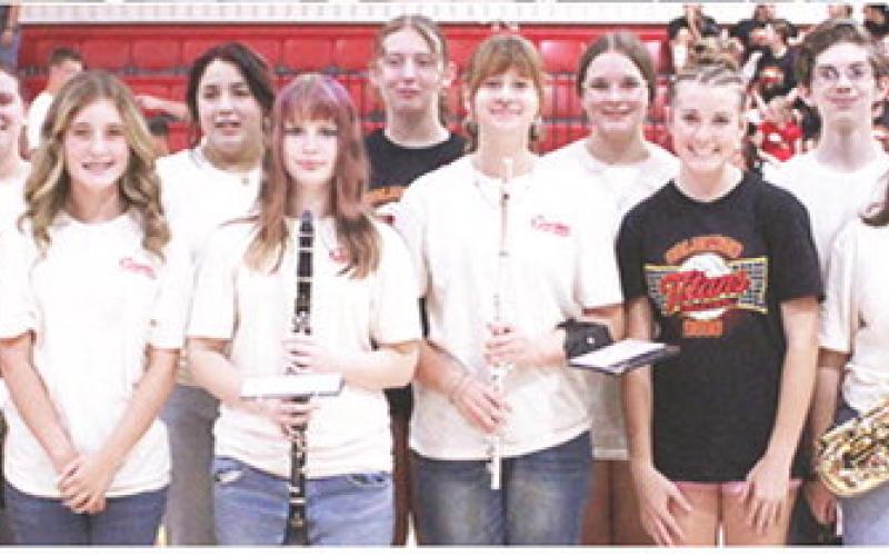 Titan Band Freshmen back row: Piper Cain, Juliette Dainty, Zoey Clark, Naila Hidalgo, Temperance Goff, Neavah Doherty, Gentry Holt, Emmy Wilson, and Lydia Wilkins. Front row: Shahley Witham, Cora Rider, Hallie Carroll, Jen Atkin, Gracie Bollinger, Tymber Newberry, Addi VanGilder, and Texas Siemer. Not pictured Blaze Bowman, and Cajen Smith with the football team.
