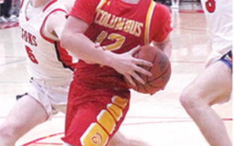 Titan Junior, Ethan Midgett, drove coast to coast following a steal but was fouled on his way to the basket by Baxter Springs Junior, Logan Abbott. Junior, Caleb Grant was also in on the chase. Ethan lead Titan scoring with 17 points in the 48-46 win in Baxter Springs.
