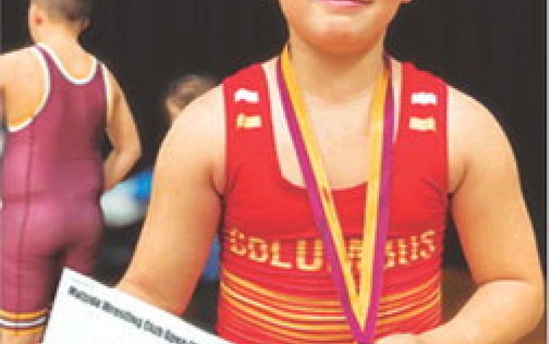 Bearett Bowin placed first in the boys eight and under, 76-88 weight class of the Matside Wrestling Club Tournament, Saturday, in Girard. Courtesy photo.