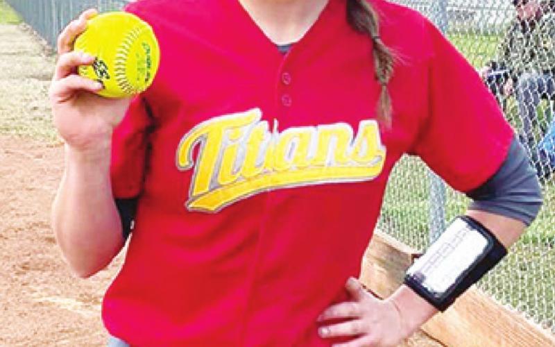 Katie Simpson, Lady Titan Sophomore, hit a home run against at Cherryvale in the Lady Titans twogame sweep of the Lady Chargers, 16-1 and 16-3. Courtesy Photo.