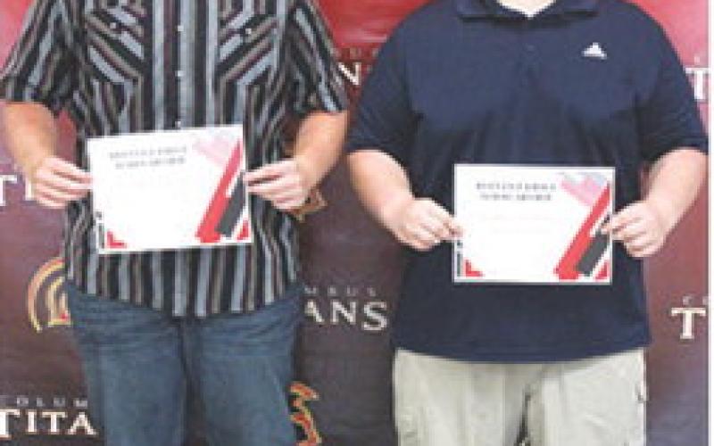 Kanyen Smith and Maddox Ochsner were recipients of the Reeves Family Scholarship in the amount of $500 each during the May 16 Senior Assembly at the Columbus Unified High School Gymnasium.
