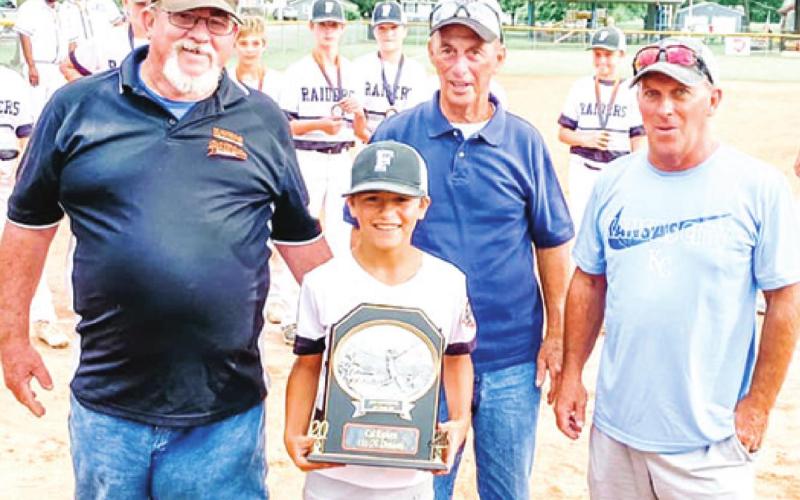 Jack Spear received the AHHP Award at the Kansas Cal Riken 11U-12U State Tournament, Monday in Frontenac. Presenting the award are: State Assistant Commissioner, Dennis Nevin, Kansas District 5 Commissioner, Daryl Spear, and Assistant District 5 Commissioner, Doug Spear, Monday in Frontenac. Jack was also honored with the Attitude, Hustle, Hustle, and Pride Award in the 2019, 9-year-old tournament. Courtesy Photo.