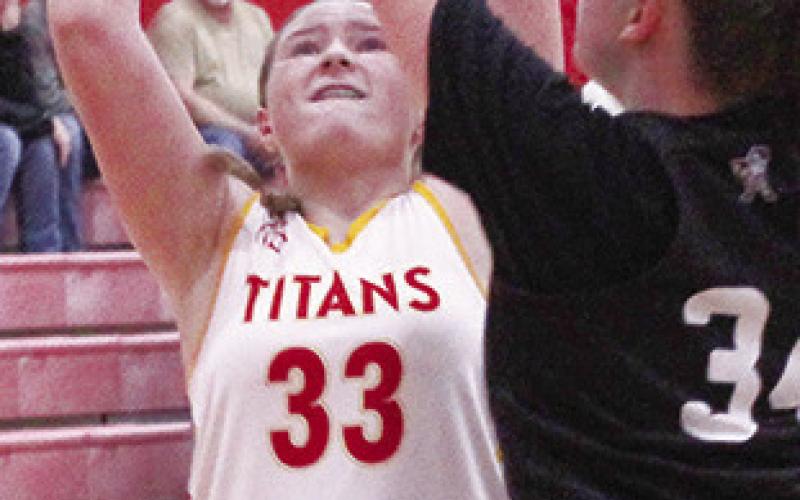Lady Titan Seventh Grader, Gracie Stanley, scored to tie the game, 10-10 in the third quarter of the 1210 loss to Frontenac, Tuesday, at the Central Gym.