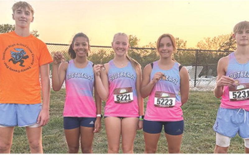 Individual Medalists for the Southeast Lancers in the Cross Country Meet at Jayhawk-Linn, October 10, are: Zayne Gabern, junior; Journee Rimmer, sophomore; Kendyl Renn, junior; Jackie Robinson, sophomore; and Tucker Sutton, freshman. Gabern and Renn placed tenth in the TRL Meet, Thursday, to capture All-League honors. Courtesy photo.