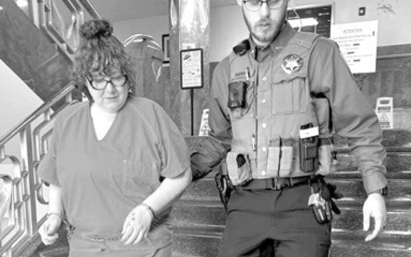 Megan VonHemel escorted by Deputy Evan Duckett after being sentenced to prison for six and one half years. VonHemel pleaded guilty to charges of aggravated battery, abuse of a child and interfering with law enforcement. Courtesy photo.