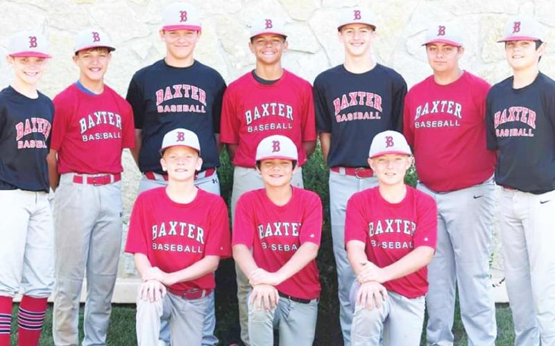 Baxter Springs Junior Little League Team is headed to Midland, Minn., to compete in the Junior Little League Regional Tournament, August 6-12. Team members are back row: Nolan Commons, Bradley Wade, Brooks Walker, Braydon Wade, Isiah Main, Jarrett Lawson, and Klaiton Stout. Front row: Logan Abbott, Grady Roller, and Riley Daniel. Courtesy Photo.