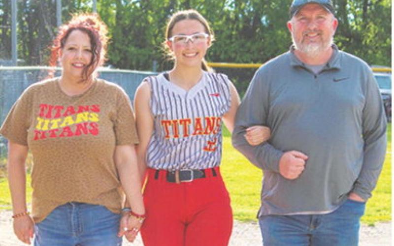 Lady Titan Senior, Torey Tedlock, was recognized during Senior Night Ceremonies, May 8, at Rockette Field. Torey is a four-year member of the Lady Titan Softball Team. She was escorted by her parents Tiara and Corey Tedlock.