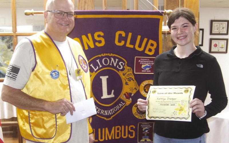 Steve Jameson presented Katelyn Draeger with her Lion of the Month for November certificate at the recent Lions Club meeting.
