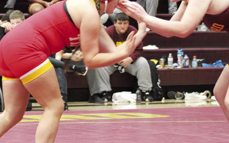 Lady Titan Junior, Taryn Billings, took down Girard’s Karlyn Fisher by fall, 1:21, in a dual at Girard, Thursday. Taryn and the Lady Titans beat the Lady Trojans, 42-18, in their first dual of the season.