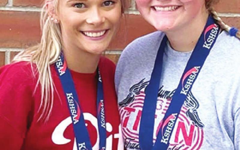 Pittsburg State University signee’s and Columbus Lady Titan Seniors, Kerri Jones and Bailey Monroe medaled at the 2021 Kansas Class 3A Track and Field State Championship Meet, Friday in Wichita. Kerri placed fifth in the 100 Meter Dash and Bailey was sixth in the Javelin. Courtesy photo.