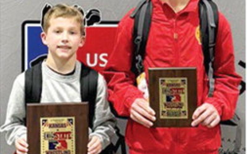 Baylor Bowman (10U, 73-pounds) finished as runner-up in his age/weight class at the USAW Kansas State Folkstyle Wrestling Tournament, Saturday, in Topeka. Blaze Bowman placed fourth in the 14U, 110-pound class. Courtesy photo.