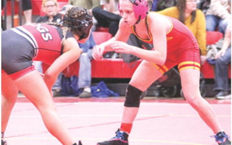 Lady Titan Raelee Engroff earned wins in both her matches, Tuesday, against Parsons and Carl Junction, Mo. she had a win by fall in her match Monday in Columbus wrestling action at the CUHS Gymnasium.