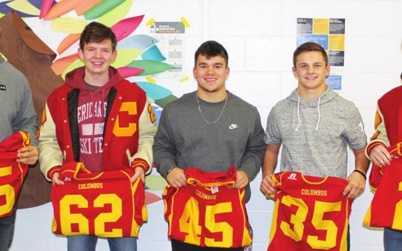 Titan Seniors, Kody Schalk, Nathan Stice, Gabe Martin, Trent Smith, and Jaxson Haraughty were recognized and presented with their jersey during the 2021 Titan Football Awards Ceremony, Wednesday, at the Columbus High School Cafeteria. The five seniors accounted for 52 percent of the Titan scoring, 42 percent of the total team tackles, 83 percent of yards rushed, and 68 percent of the team’s tackles for loss.