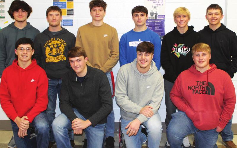 The 2021 Titan Football Team recognized their members of the junior class during a team awards ceremony, Wednesday at the CUHS Cafeteria. Ten of 14 classmates were present at the ceremony. Front row: Cole Minor, Landin Midgett, Brett Hamilton, and Jake Eddington. Back row: Rydge Delmont, Fischer Troxel, Kayden Cox, Jaspen Tanner, Cade Saporito, and Jaydn Hale.