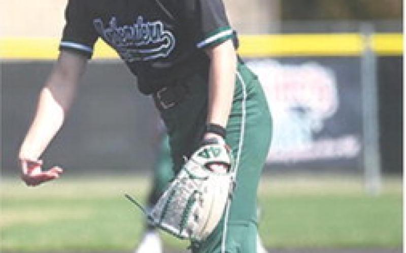 Left: Aubree Saporito, Columbus Unified High School Class of 2023, pitching for Northern State University during games at Emporia State University. Courtesy photo.