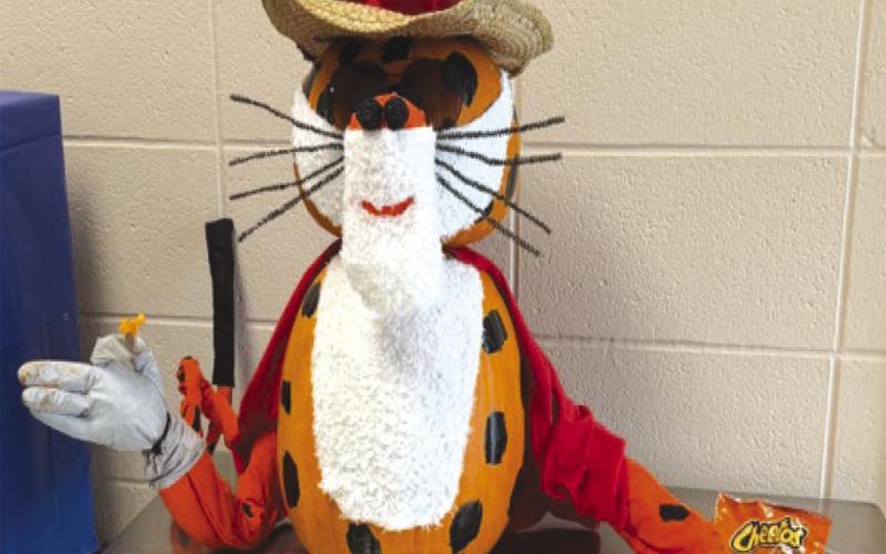 Third place in the Mercy annual pumpkin decorating contest went to the entry “Chester Cheeta”. Chester even had his own bag of Cheetos© and was wearing a cowboy hat. Courtesy photo.