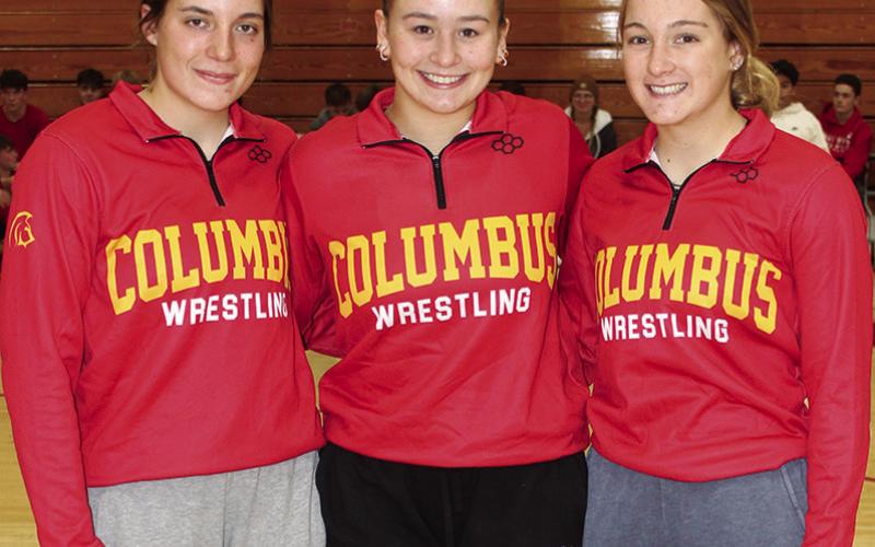 Senior members of the Lady Titan Wrestling Team were introduced during the Meet the Titans Night at the Columbus Unified High School Gymnasium, November 28. Aubree Saporito, Jailyn Rodriguez, and Addison Saporito.