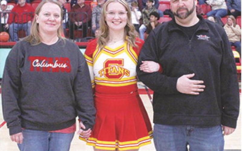 Lady Titan Senior, Chloe Rogers, was recognized during Senior Night Ceremonies, February 21, at the Columbus Unified High School Gymnasium. Chloe is a one-year member of the Titan Basketball Cheer Squad. She was escorted by her parents, Autumn Major and Charlie Rogers.