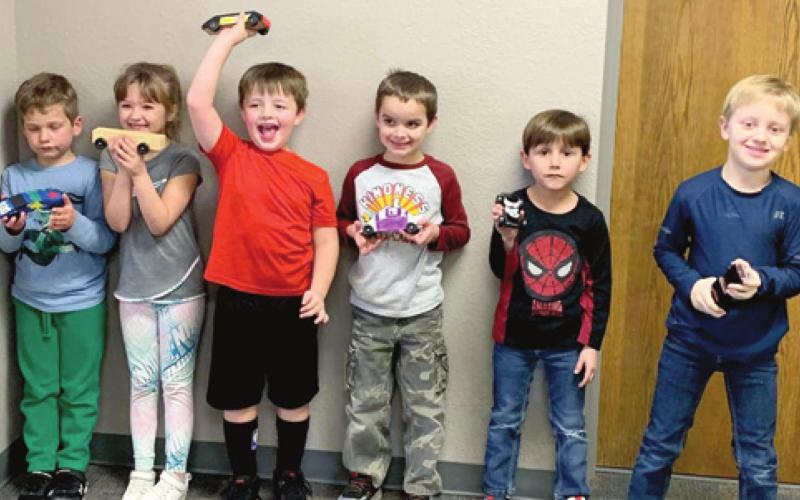 Cub Scout Pack 15 recently held their annual Pinewood Derby. Racers included Ben Garrett, Amelia Garrett, JD Anderson, Amos Plank, Christian Kress and William Kress. Not pictured : Kason Pitts and Kenny Russell and Cub Scout Master Jared Plank. Photo by Dee Riley.