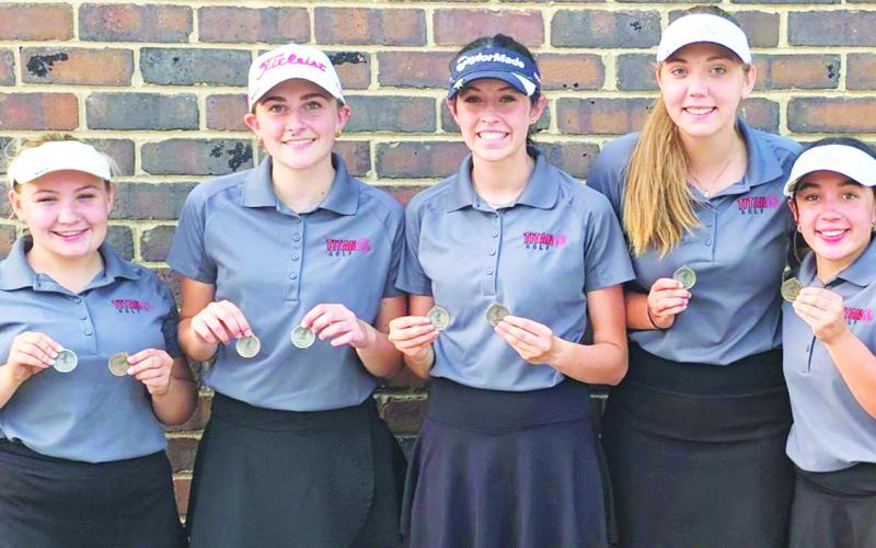 The Columbus Lady Titan Golf Team placed second in the Frontenac Varsity Invitational, Monday, continuing as a top-two team through their first three tournaments. Amory Neely (ninth), sophomore; Mallory Thompson (third), senior; Natalie Wary (seventh), sophomore; Anna Head (tenth), senior; and Hannah Noel (19th), sophomore, teamed up for 352 strokes on the 18-hole course. Courtesy photo.