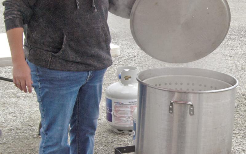 Rhonda Herrenbruck was watching over the pot of pasta at the recent 4-H spaghetti fundraiser. A large amount of pasta was required to feed the hungry crowd.