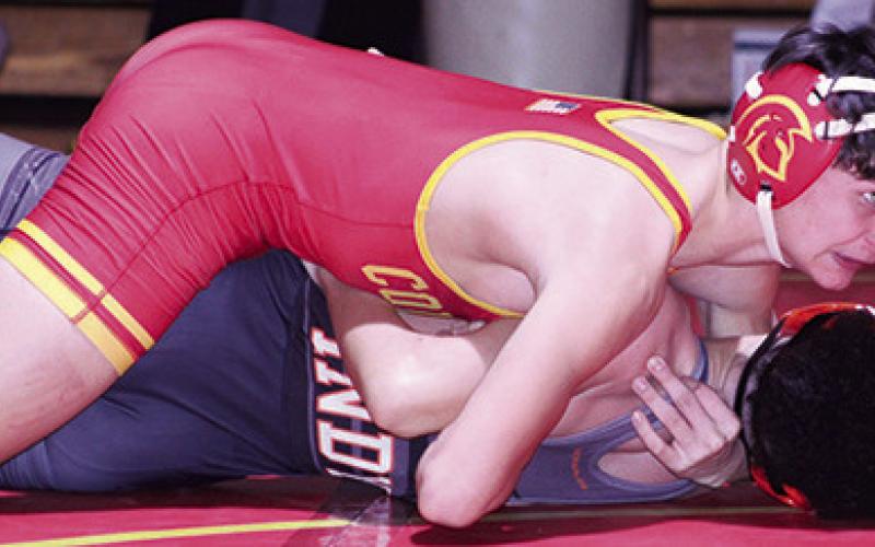 Titan Freshman, Jayden Rodriguez, won by fall over his Independence opponent, Gullick, in dual matches, Tuesday, at the CUHS Gymnasium.