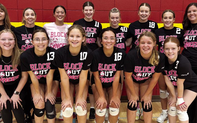 The Lady Titan Volleyball Team hosted Chetopa and Galena for a “Block Out Cancer” night, Thursday, at the CUHS Gym. Team members are front row: Chloe Rogers, manager, Torey Tedlock, Ruby Stover, Katy Mooney, Morgan Richards, and Bentley Townsend. Back row: Mackenzie Richards, manager, Lady Titan Head Coach, Ryan Lacen, Trinity Adoramos, Katelyn Draeger, Kensley Blackledge, Trinity Green, Tatum Kirk, and Lady Titan Assistant Coach Sydnee Spear.