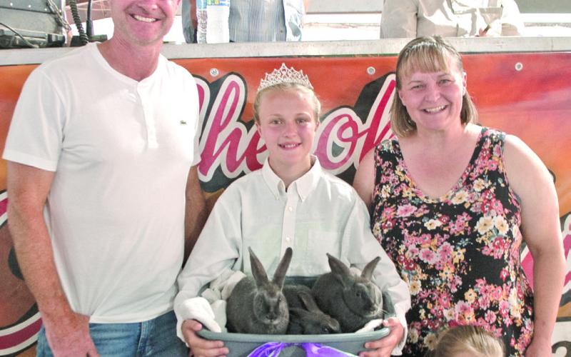 Glittering Stones 4-H member Allison Brown exhibited her colony of rabbits and received the grand champion ribbon for her efforts. The rabbits received a premium sale of $1100 from American Bank. The bank was represented by Jim Gaither and Nicole Alford and Crystal Alford.